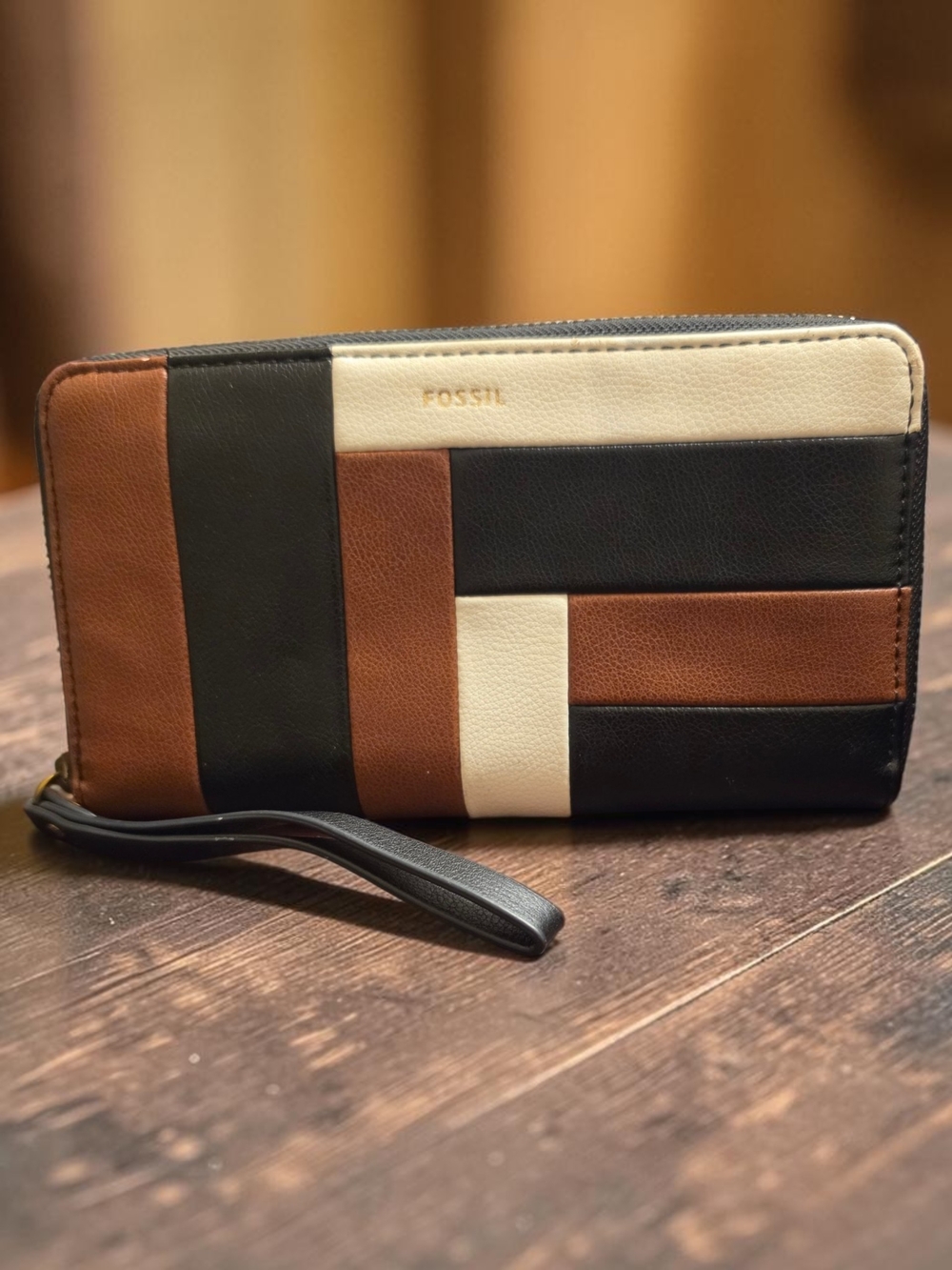 Fossil Men's Zip Wallet Wristlet in Black, Brown & Cream